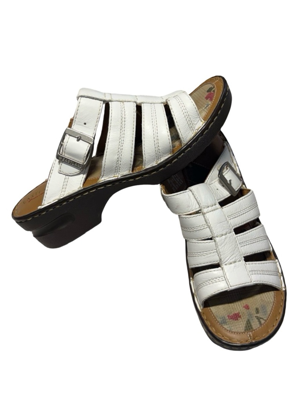 Eastland White Leather Multi-Strap Clog Mules with Buckle